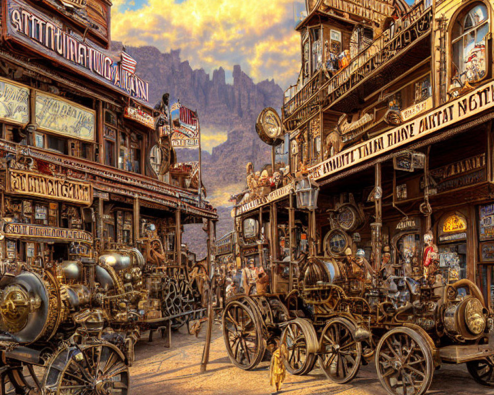 Steampunk-themed street with ornate buildings and steam-powered vehicles