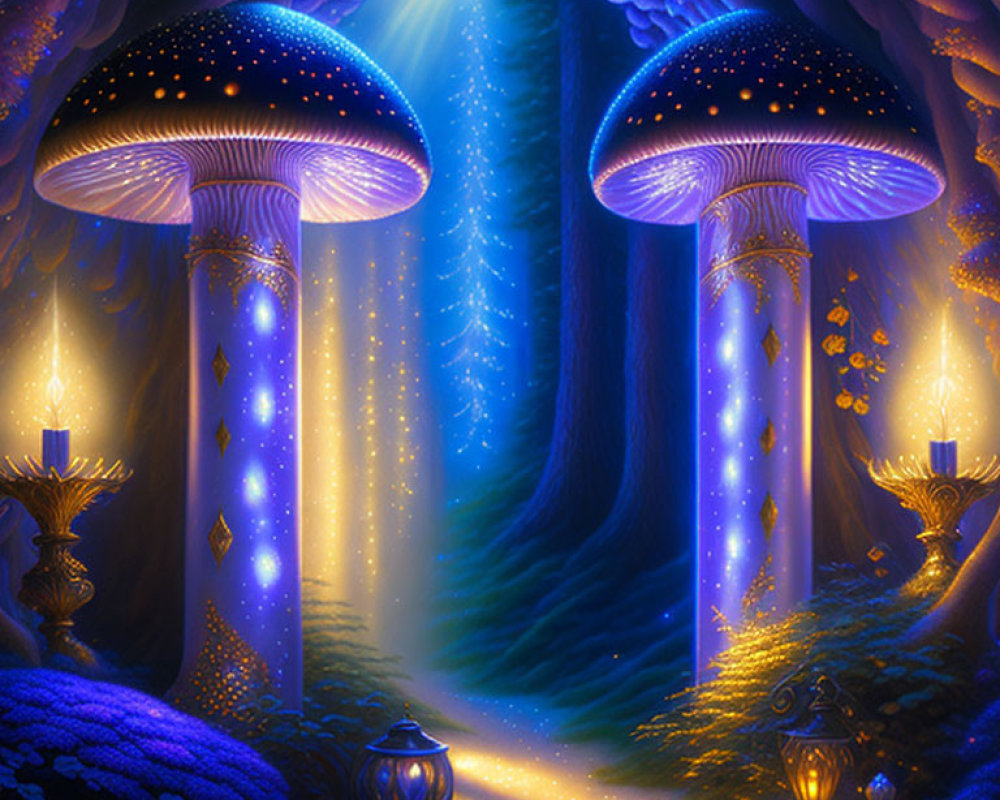 Enchanted forest with oversized glowing mushrooms and fireflies