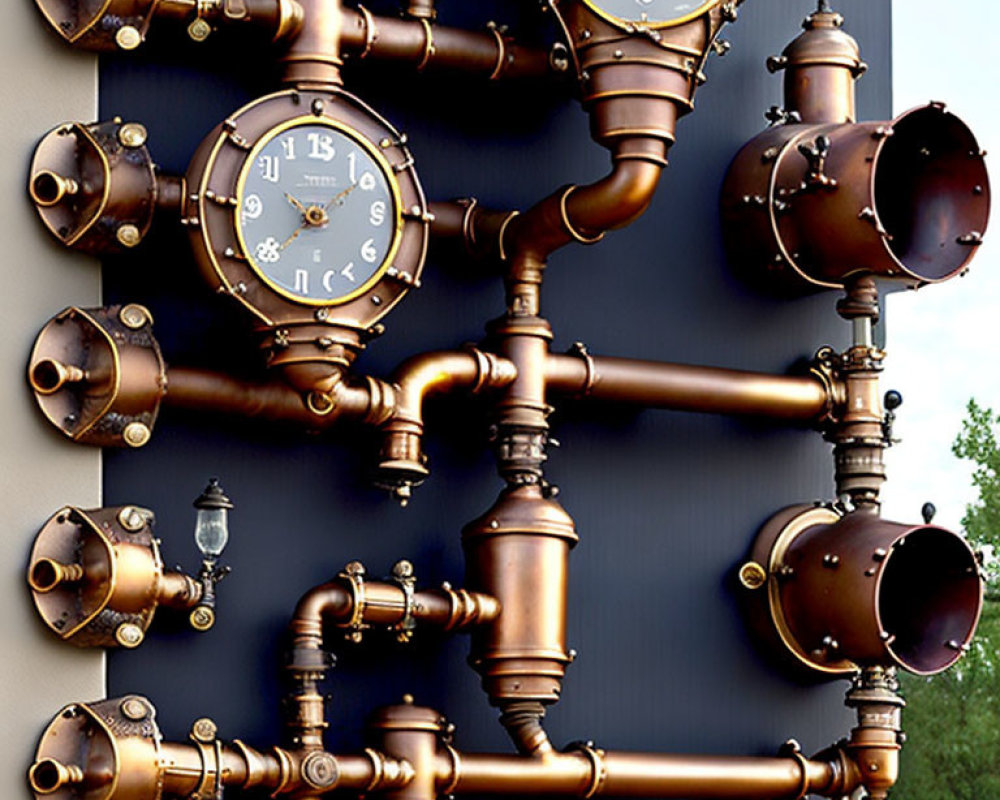 Steampunk-inspired wall decor with copper pipes, vintage clocks, gauges, and lamp