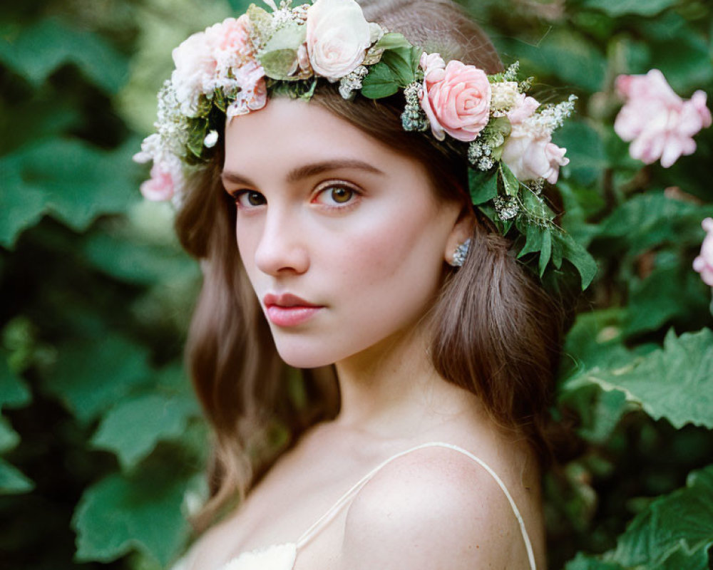 Woman in floral headband gazes serenely in front of green foliage