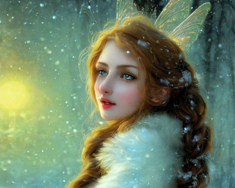 Ethereal woman with wing-like ears in snowy forest landscape