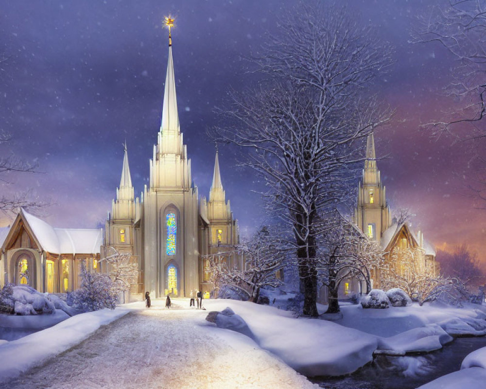 Snowy twilight scene of majestic castle-like building with spires, couple walking, and serene trees