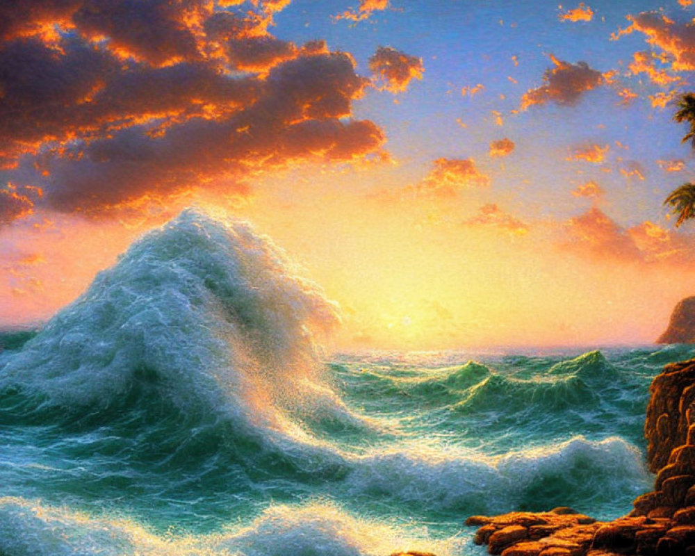 Dramatic sunset seascape with crashing waves and rocky shore