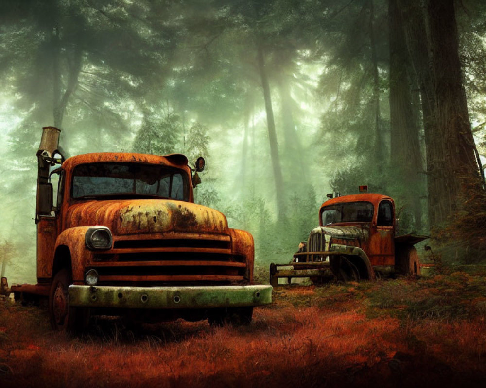 Abandoned rusty trucks in foggy forest with sunbeams