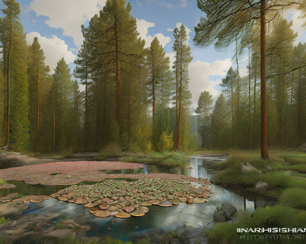 Tranquil forest scene with tall pine trees, stream, and water lilies