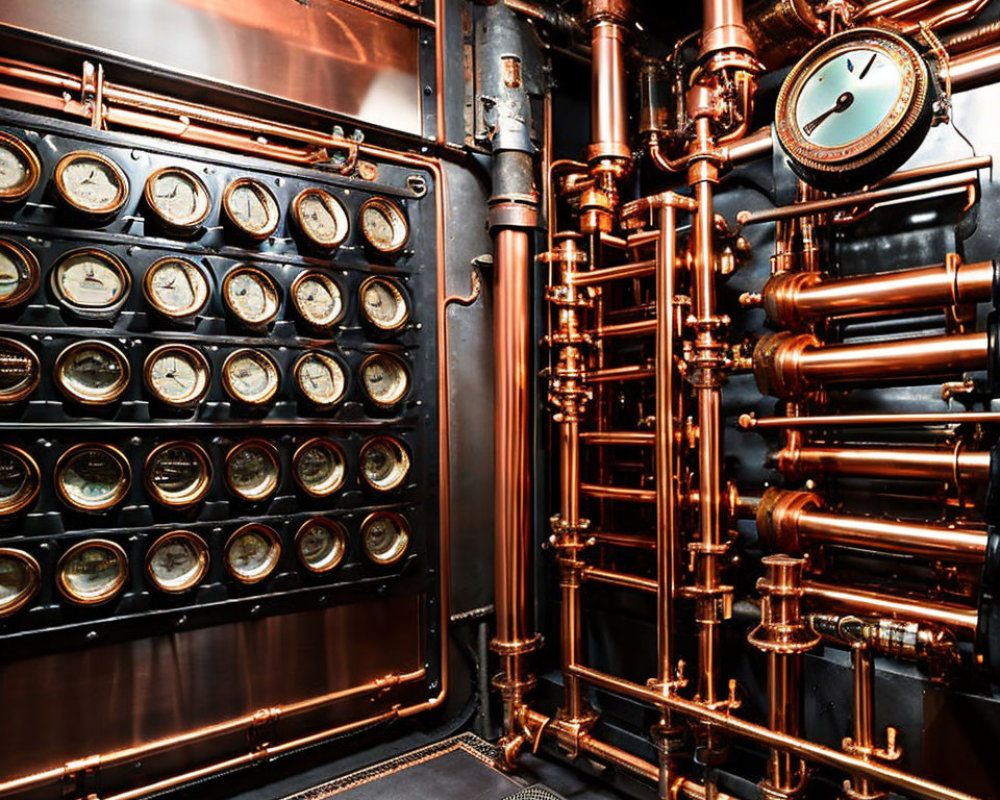 Vintage Ship's Engine Room with Brass Gauges, Pipes, and Pressure Dial