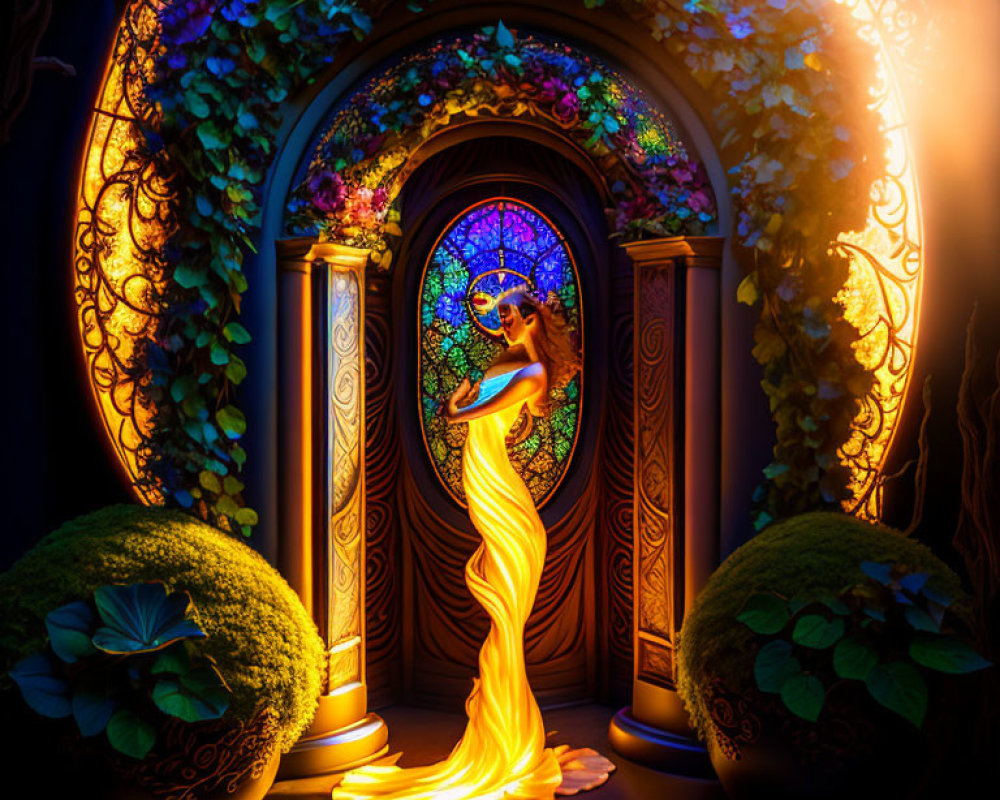Woman in Gold Dress Standing in Mystical Doorway with Stained Glass Window