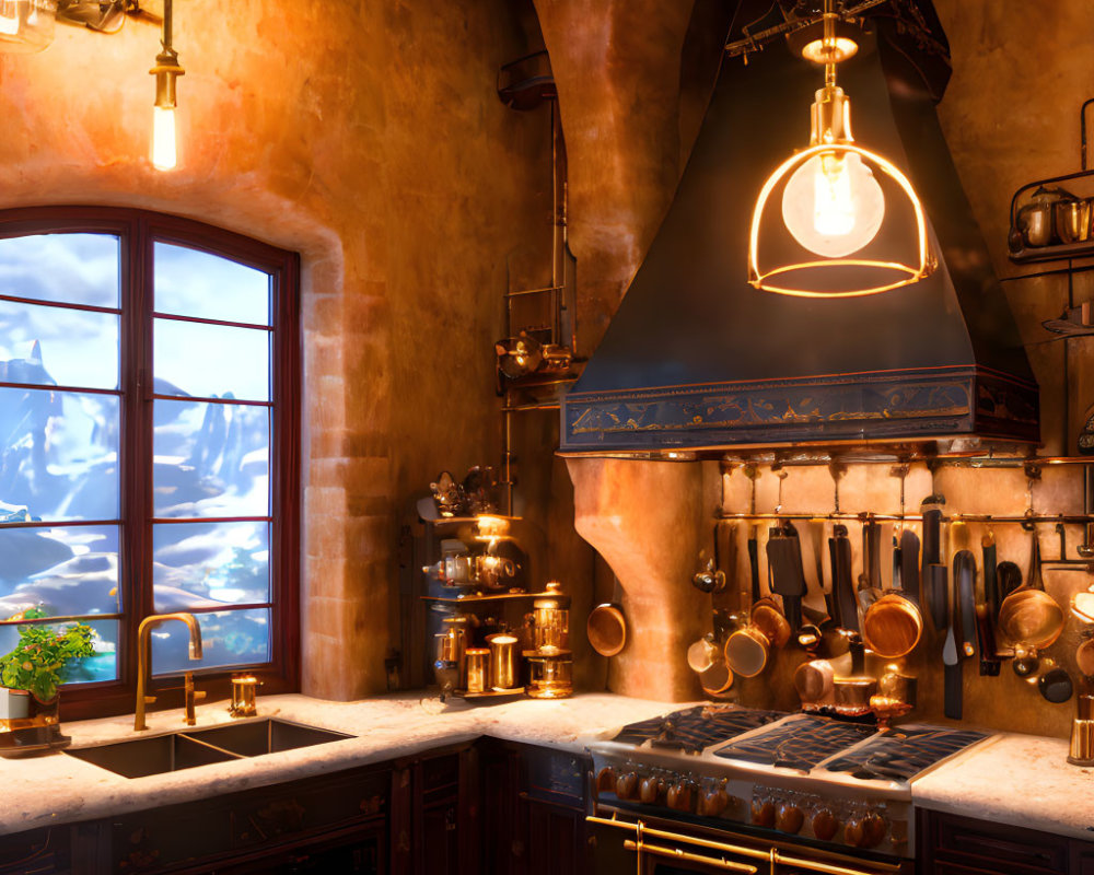 Warmly lit kitchen with copper pots, stove, marble countertops, and snowy landscape view.