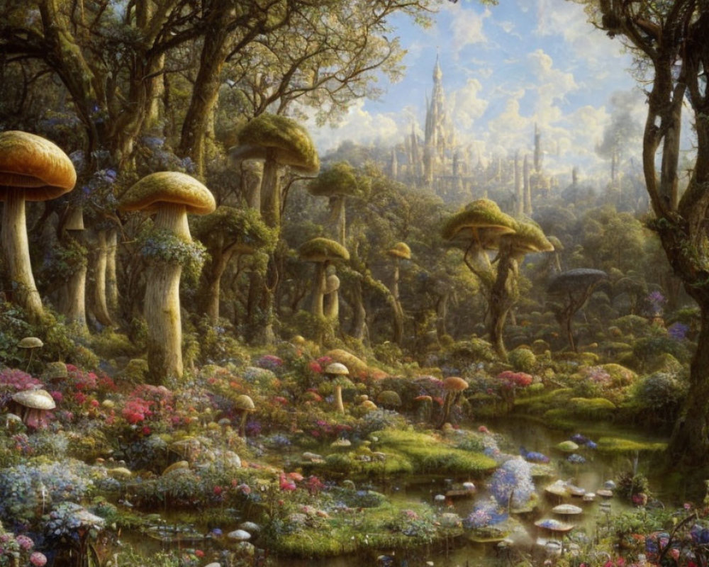 Fantasy landscape with oversized mushrooms, colorful flowers, and a castle.