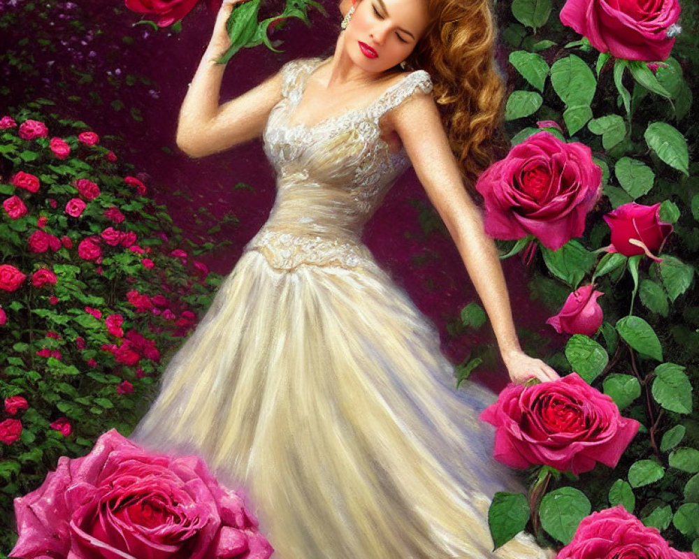 Woman in elegant gown surrounded by vibrant pink roses exudes romantic aura