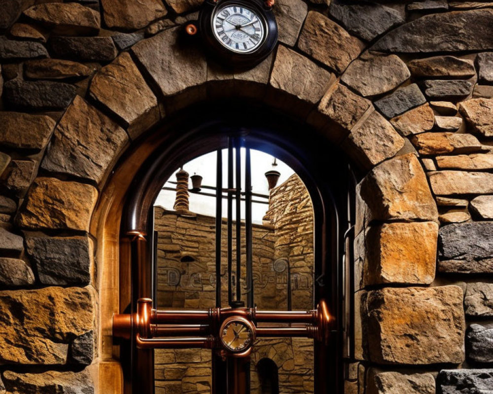 Vintage Clock Above Wooden Arched Door in Stone Wall with Copper Piping