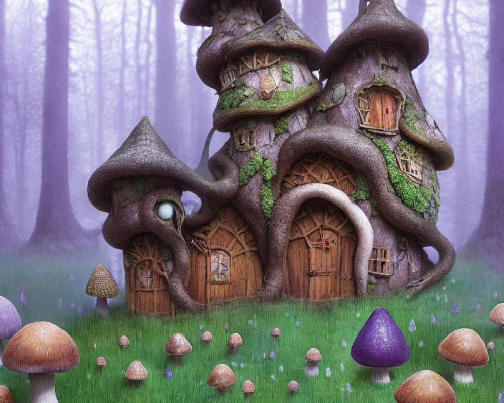 Illustration of multi-storied fairy tale treehouse in misty forest