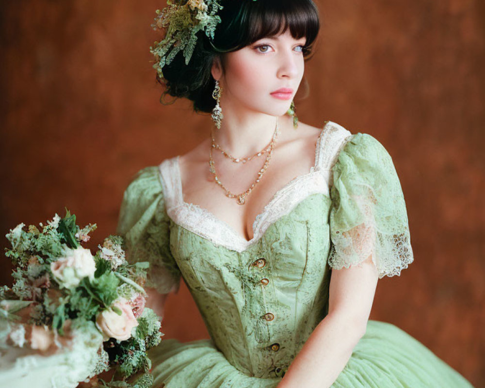 Vintage Green Dress with Lace Details and Floral Headpiece on Woman Against Warm Brown Backdrop