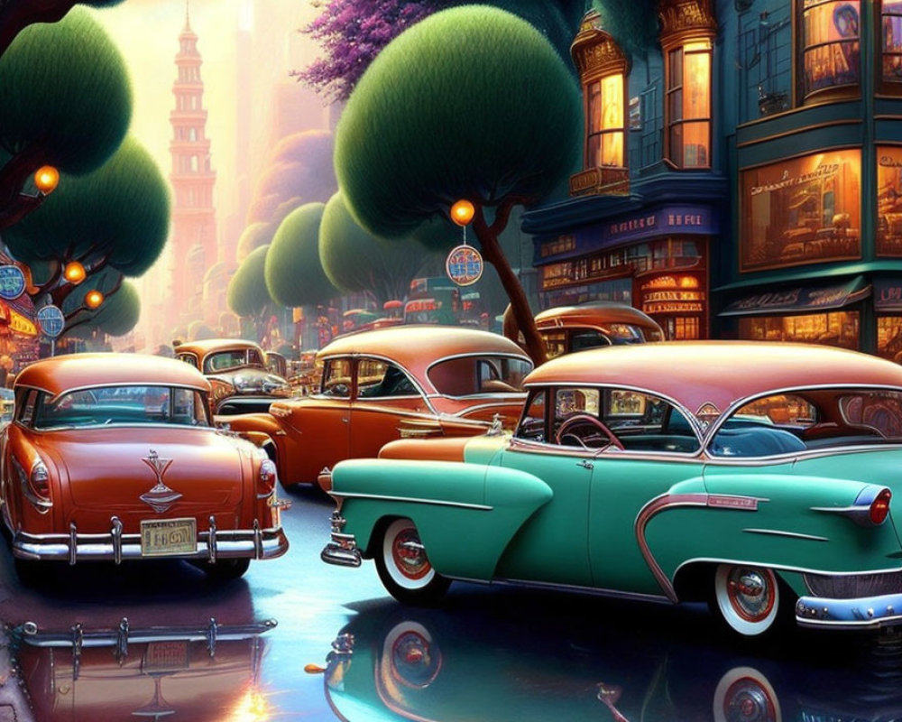 Vintage cars parked on vibrant city street with retro buildings and stylized trees