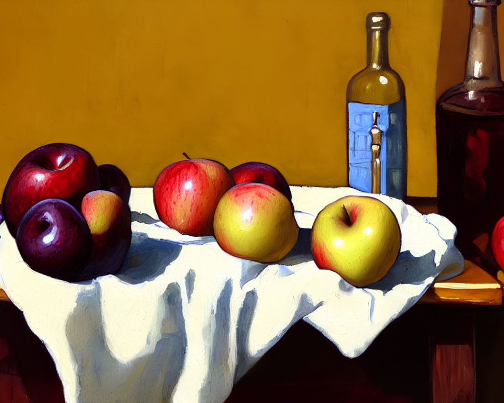 Classic still life painting with apples, grapes, draped cloth, wine bottle, and glass container on a