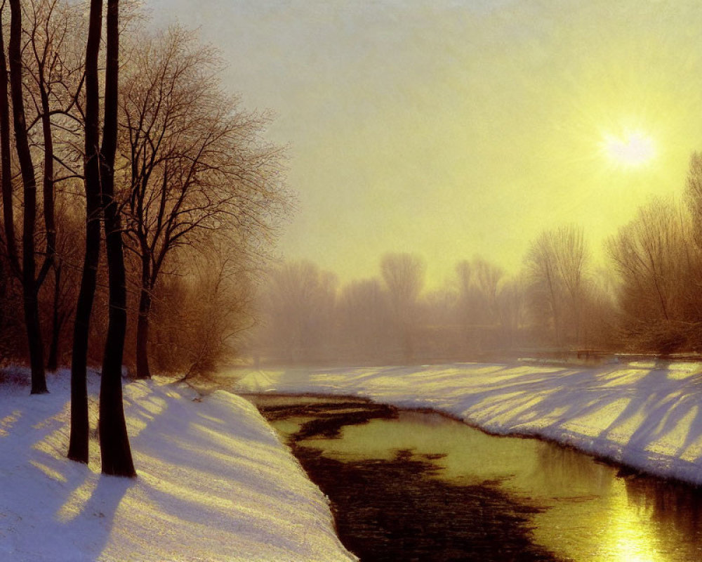 Snow-covered Riverbank and Bare Trees in Tranquil Winter Scene