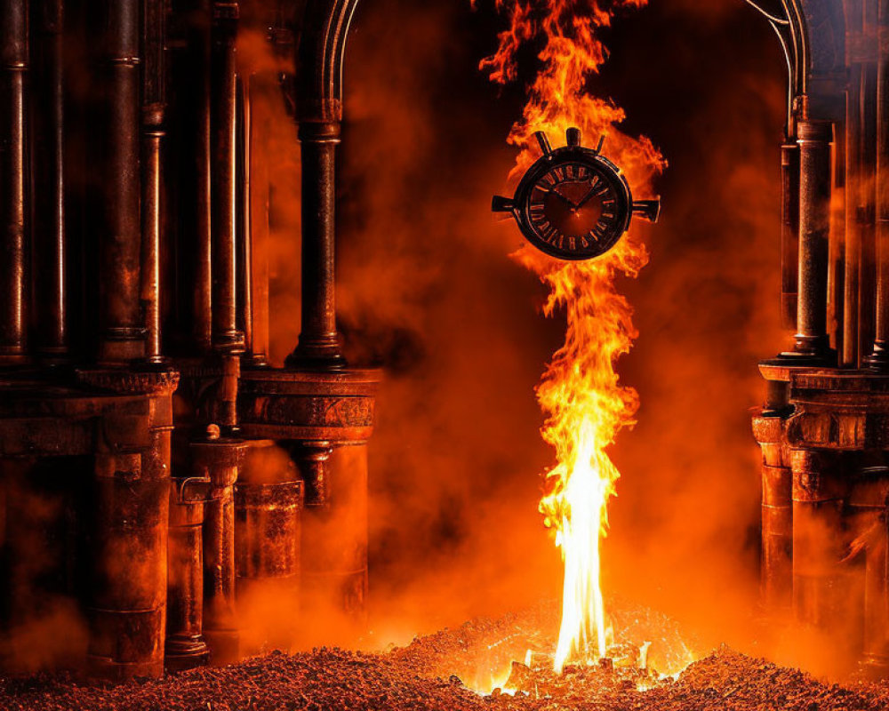 Majestic stone structure with blazing fire and clock scene