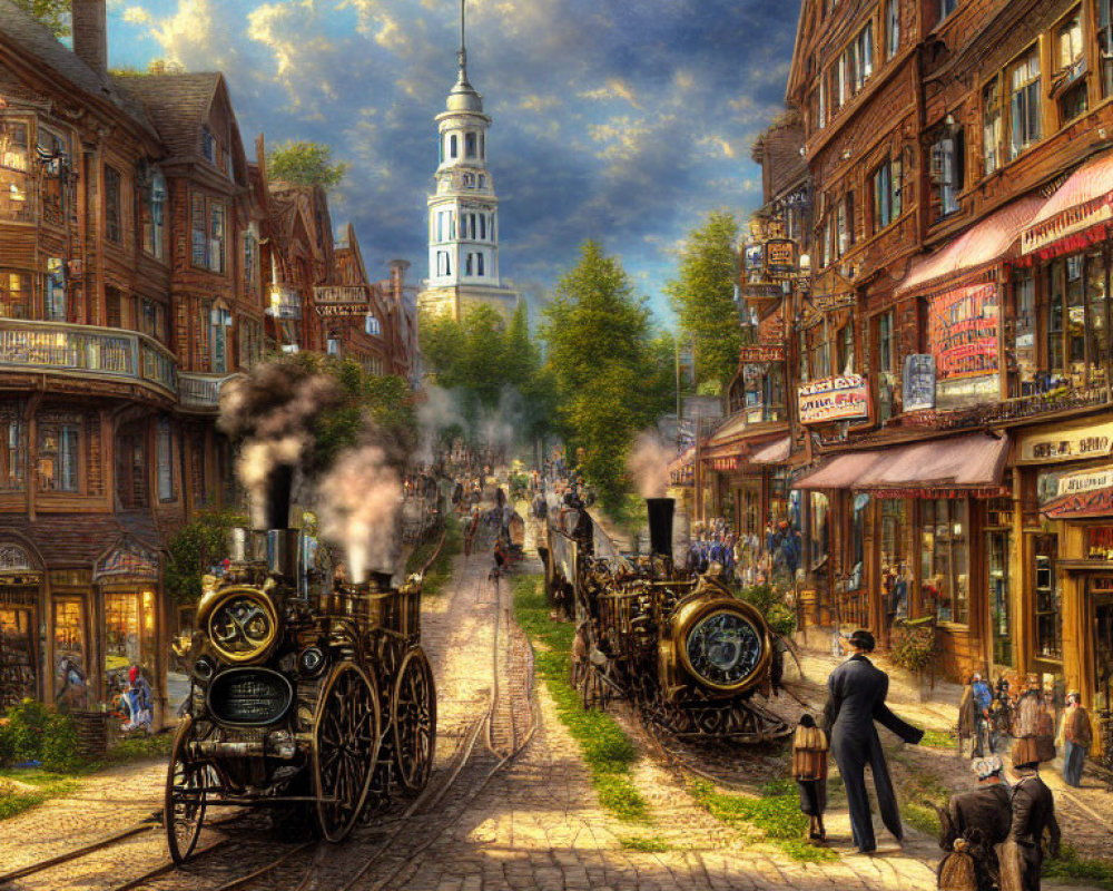 Vintage street scene with cobblestones, steam locomotives, pedestrians in period attire, and quaint