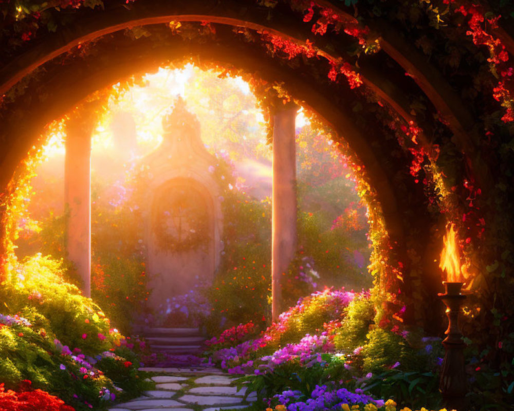 Sunrise illuminates garden archway with blooming flowers and stone path