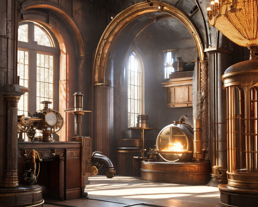 Luxurious Steampunk Interior with Vintage Machinery and Brass Fixtures