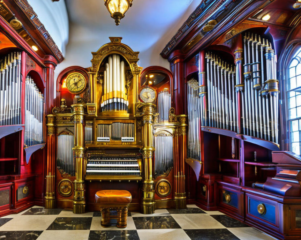 Opulent room with elaborate gold-accented pipe organ