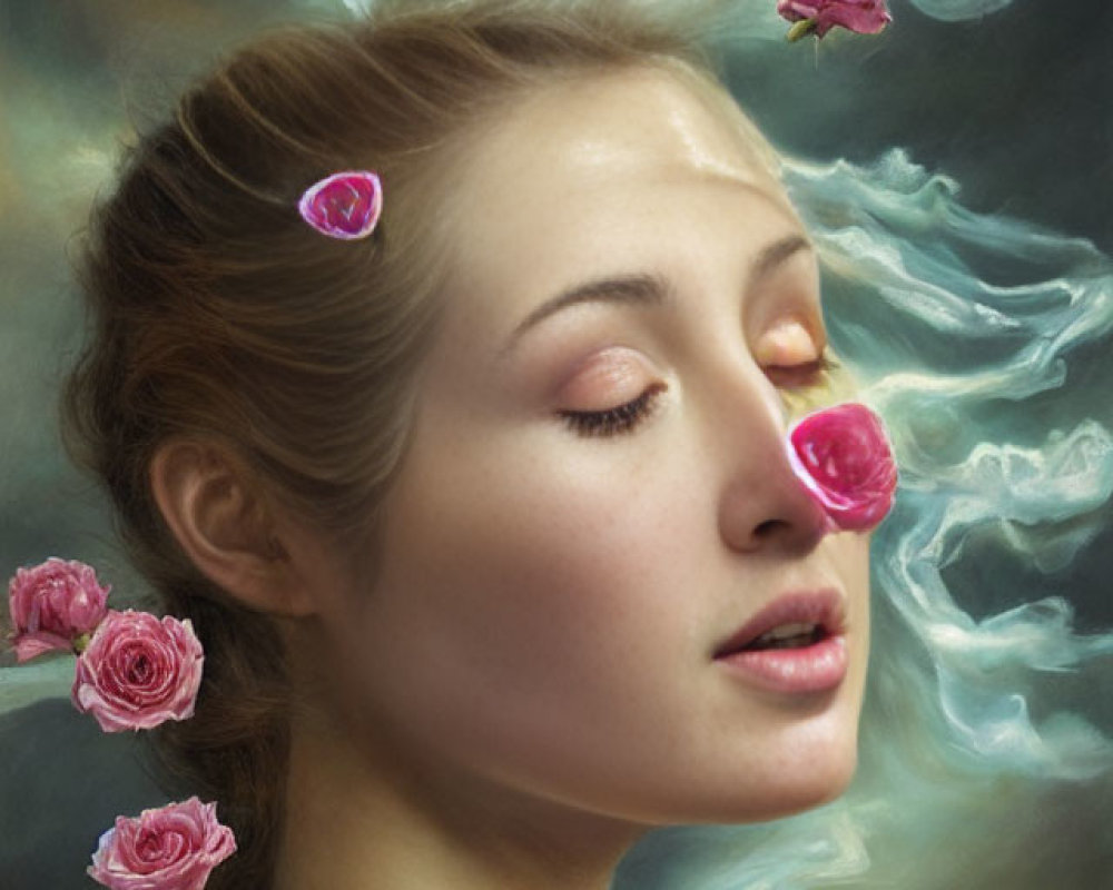 Portrait of woman with swirling clouds and pink roses, one on her nose