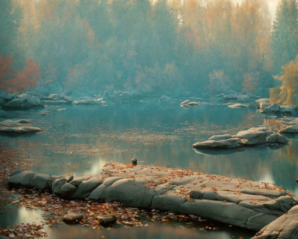 Tranquil River Scene with Autumn Trees and Misty Haze