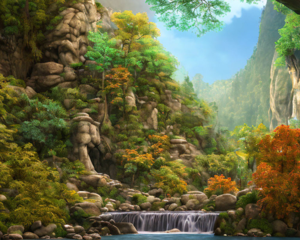 Serene waterfall surrounded by lush greenery and rocky cliffs