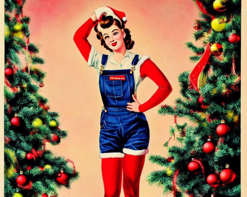 Classic Holiday Scene with Woman in Festive Attire Among Christmas Decor