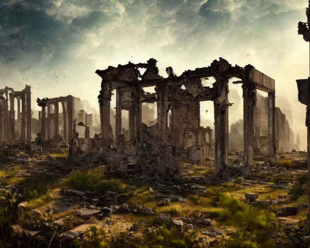 Ancient temple ruins with standing columns in desolate landscape