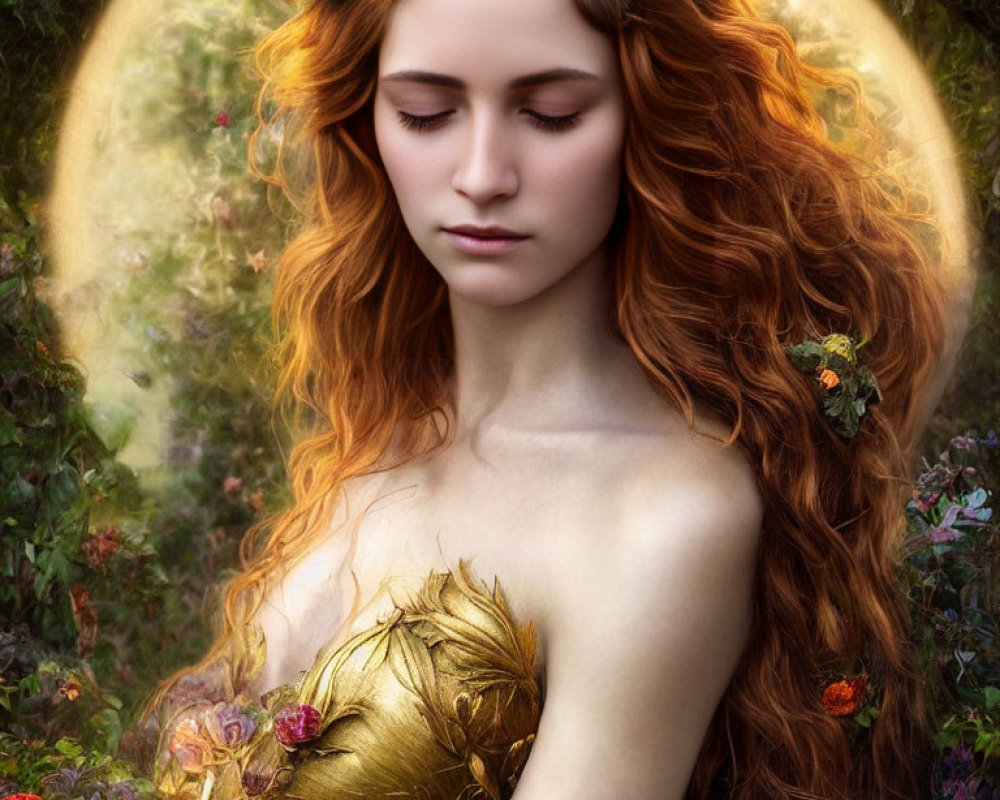 Red-haired woman with floral wreath in mystical setting