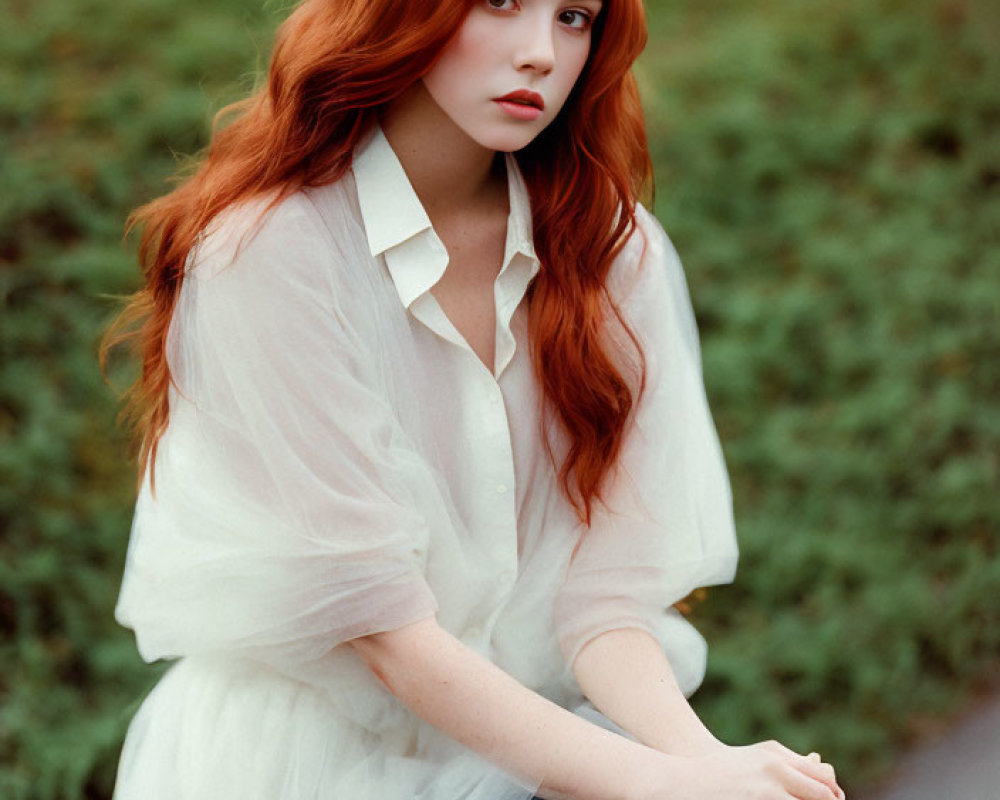 Vibrant red-haired woman in white blouse and blue skirt gazes at camera in green field