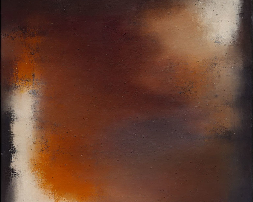 Dark and warm-toned abstract painting with blacks, browns, oranges, and white smudges