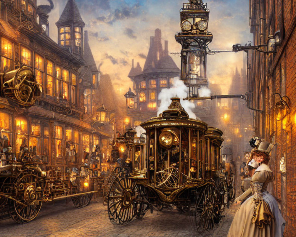 Victorian steampunk street scene with ornate vehicles, lamps, and elegantly dressed people in