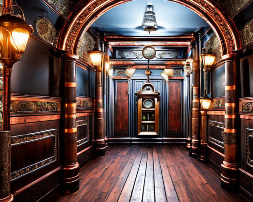Ornate Victorian-style hallway with wooden arches, brass railings, and hanging lamp