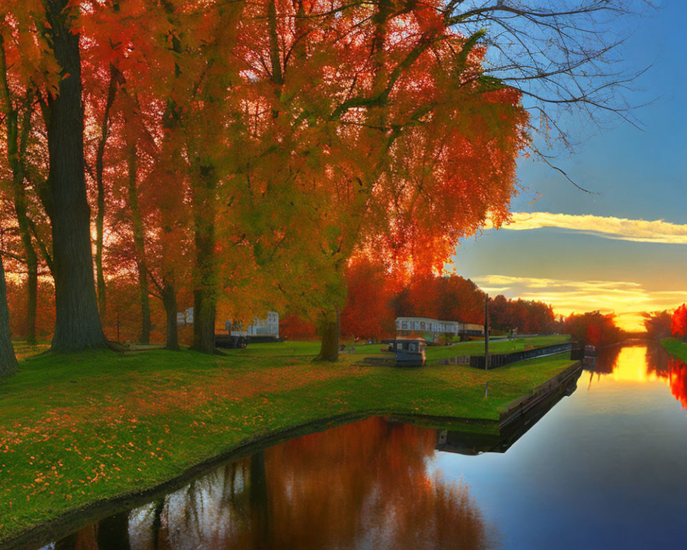 Tranquil autumn scene with vibrant foliage, calm river, and sunset.