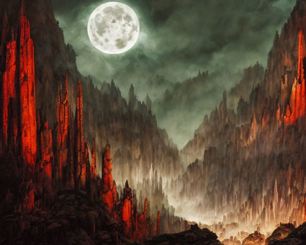Fantastical landscape with glowing red spires and luminous moon