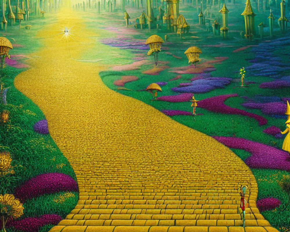 Colorful Yellow Brick Road through Magical Land with Whimsical Flora and Figure in Yellow Hat