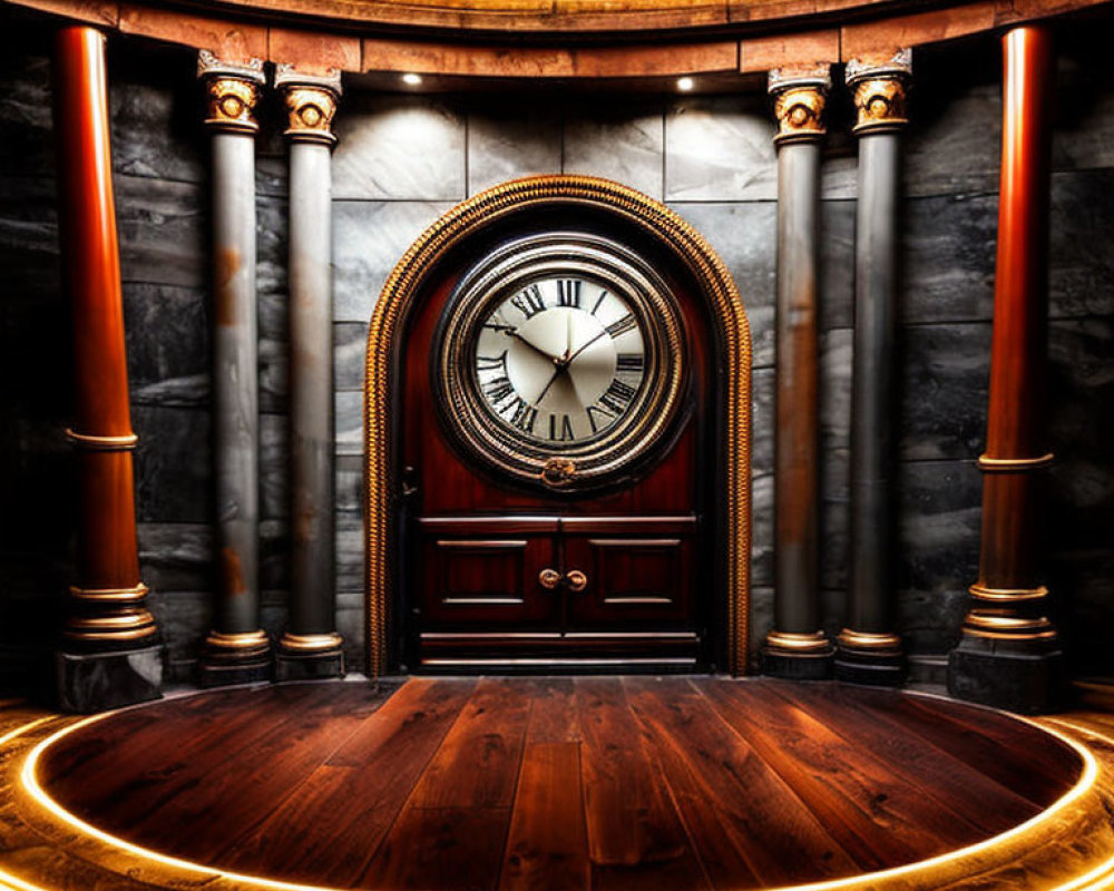 Circular wooden door framed by marble columns and vintage clock on textured wall.