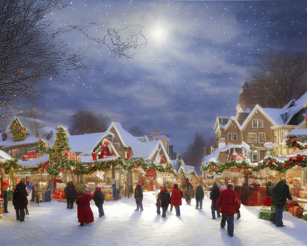 Snow-covered holiday market at night with festive lights and starry sky