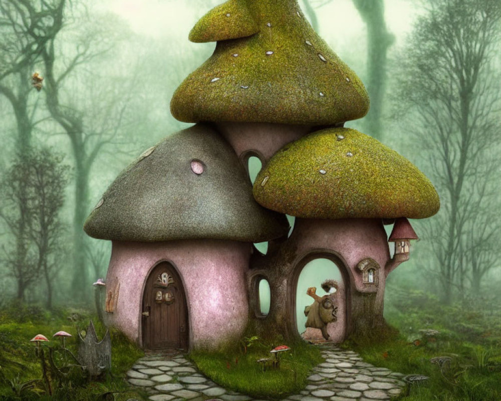Enchanted forest scene with moss-covered mushroom house, mist, toadstools, stone path