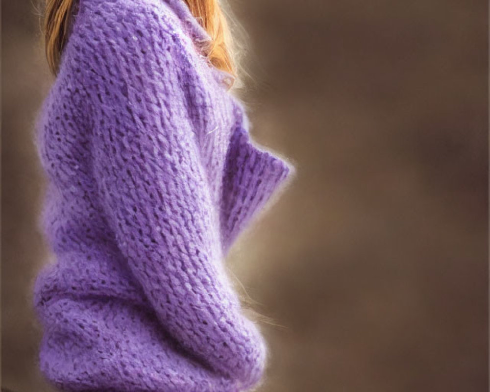 Young woman in purple sweater leaning against natural backdrop