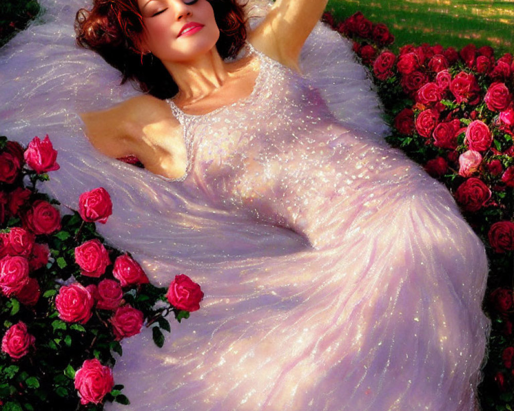 Woman in Sparkly Pink Dress Surrounded by Red Roses
