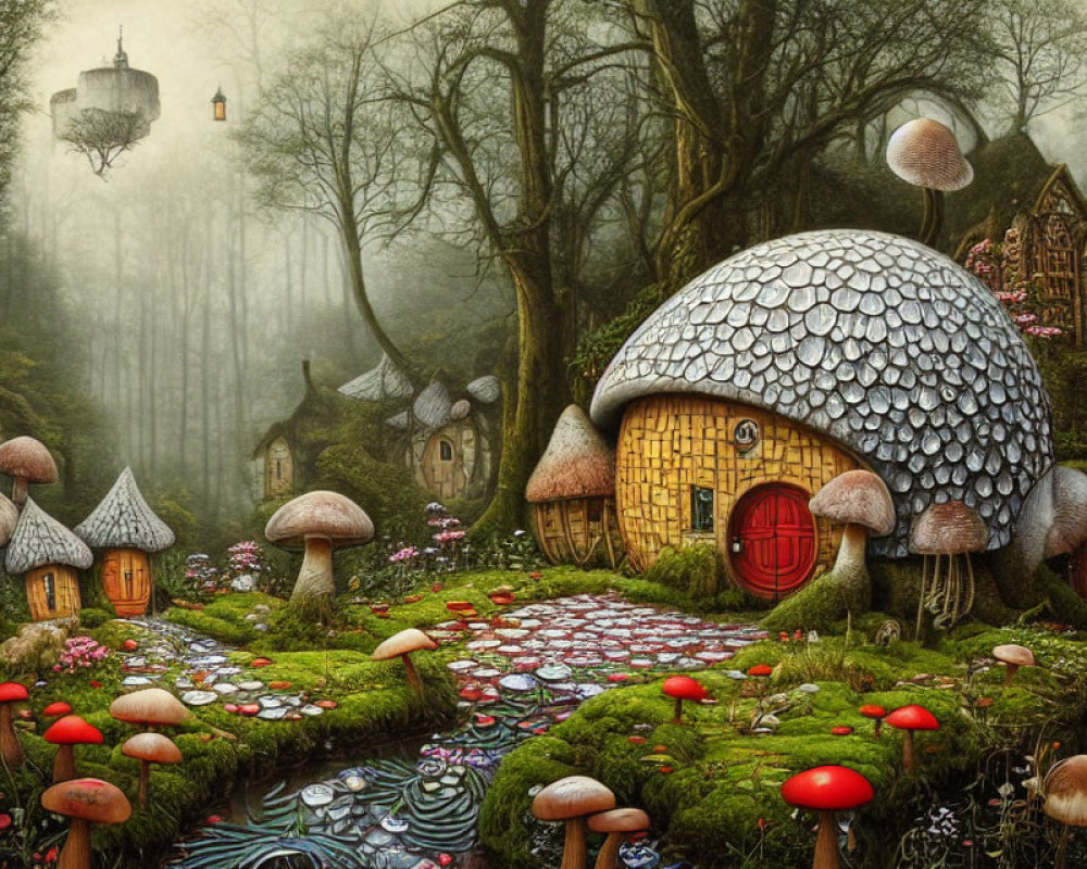 Fantastical forest scene with mushroom houses and misty atmosphere