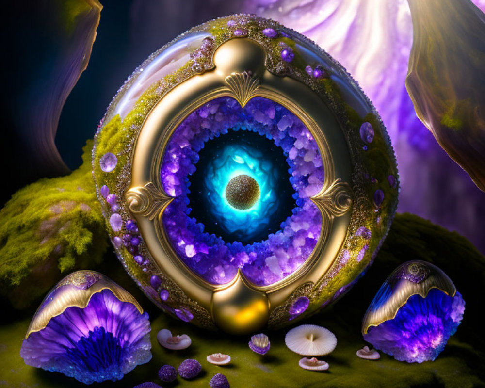 Fantasy image of glowing gem-filled portal with vibrant mushrooms and moss