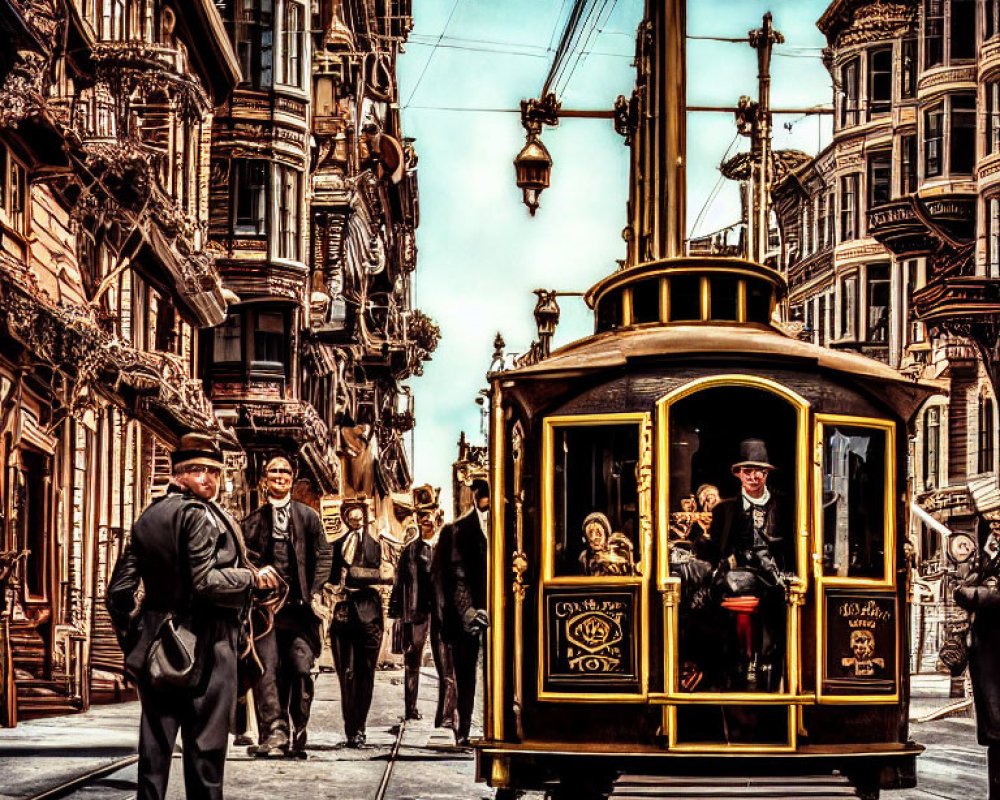 Bustling vintage street scene with pedestrians and cable car