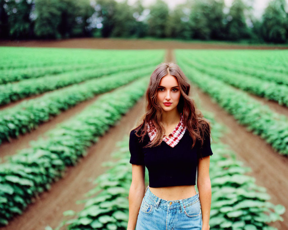 Young woman in black top and denim shorts holding strawberries in green field