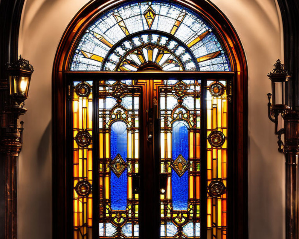 Vibrant blue stained glass door with golden designs and vintage wall lamps in arched alcove