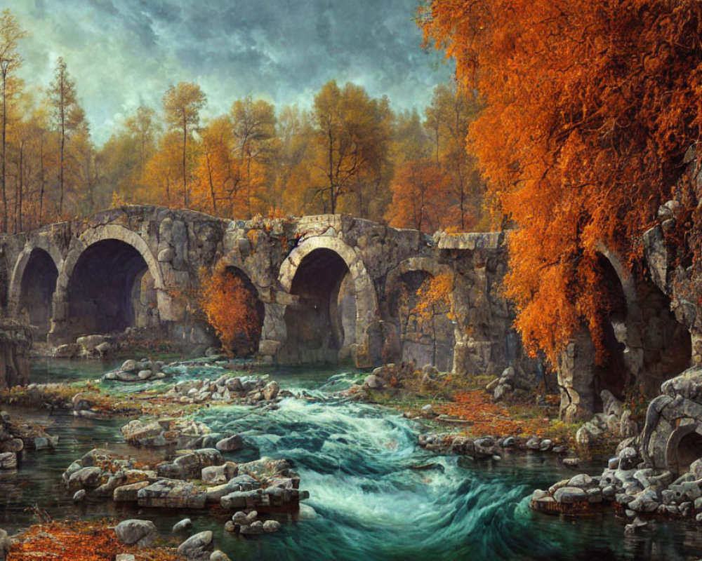 Ancient stone bridge over turquoise river amid autumn trees