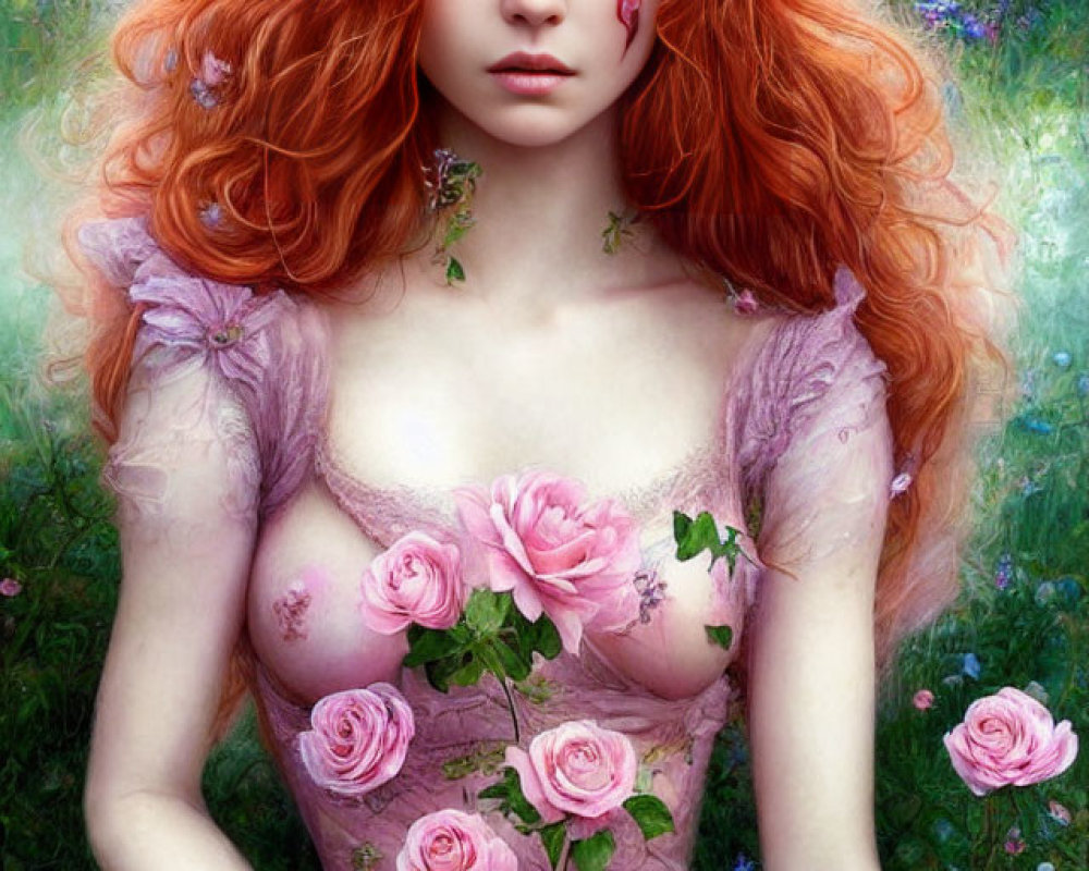 Vibrant red-haired woman in purple dress with tear-shaped gem in mystical rose garden